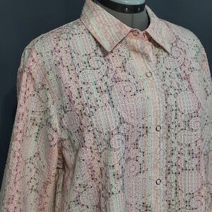 Alfred Dunner Pastel Floral Paisley Snap Button Shirt Perforated Half Sleeve